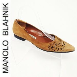 Manolo Blahnik Brown Tan Suede Laser Cut Flats 9